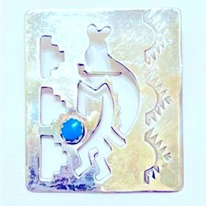 NAVAJO 925 Sterling Kokopelli Brooch with Turquoise Accent by Robert Johnson